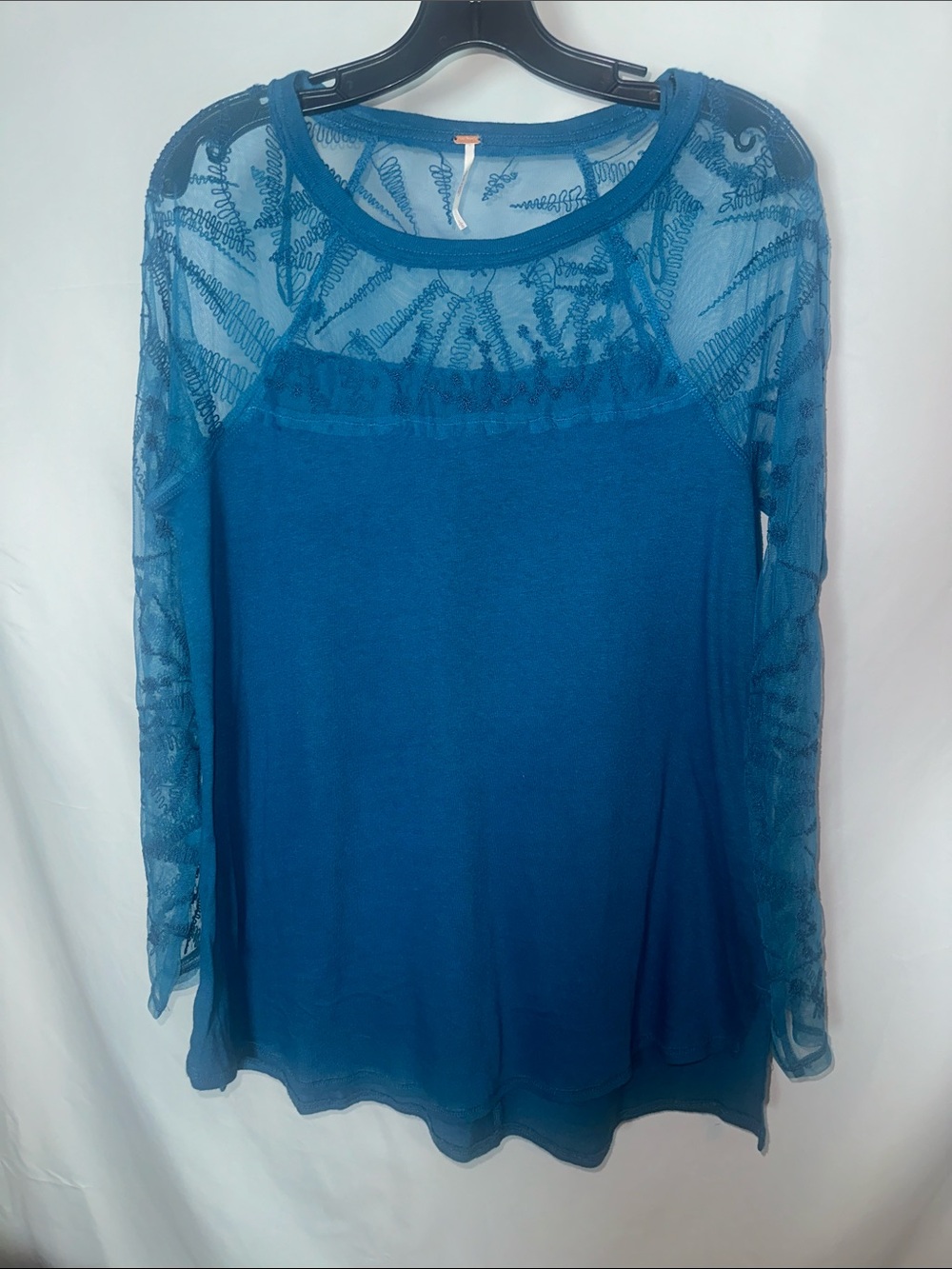 Free People Sidney Teal Lace Inset Long Sleeve Top